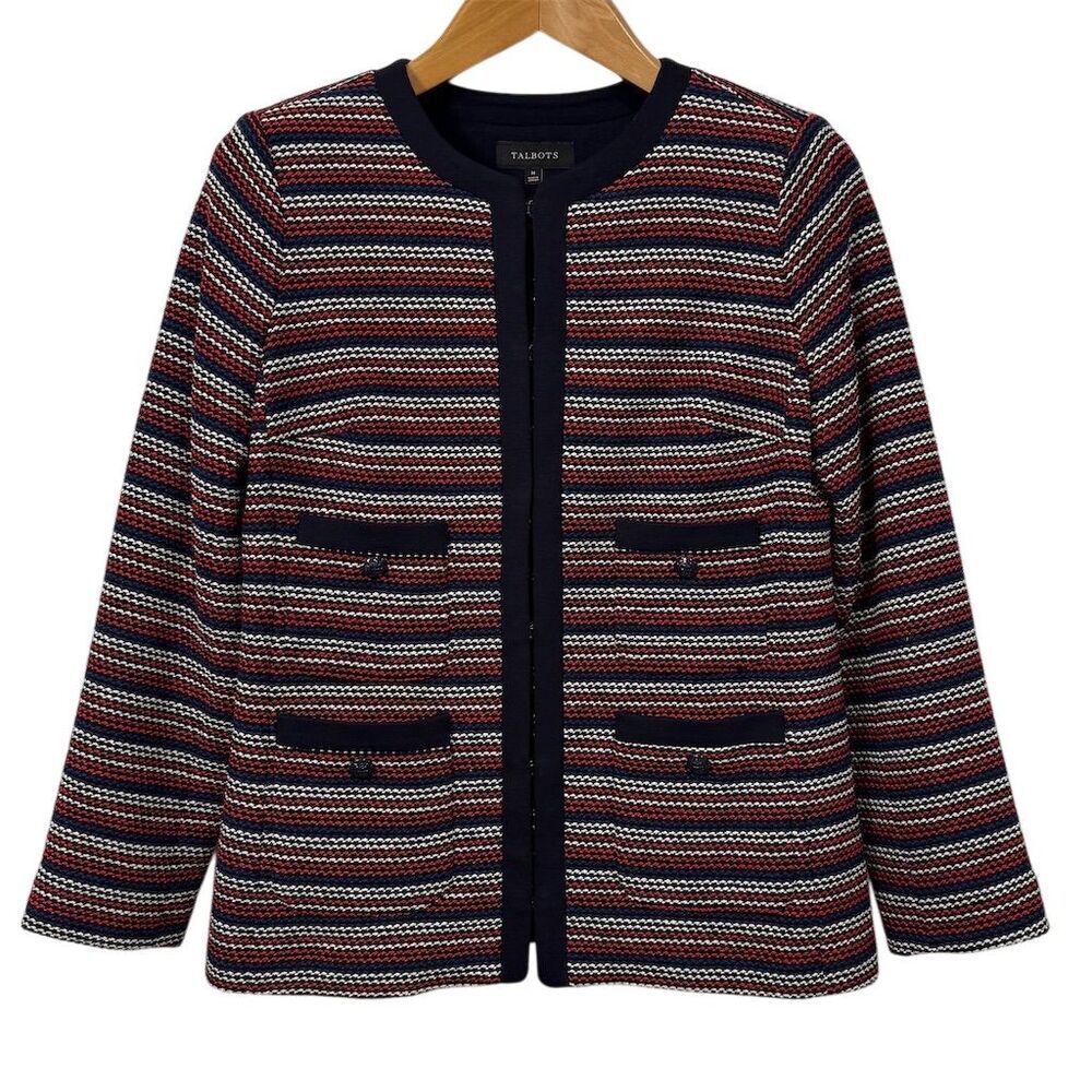 Talbots Womens Striped Knit Jacket Blazer M Red Navy Textured Nautical Office